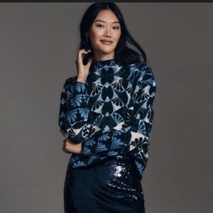 Maeve Anthropologie Carys Mock Neck Knit Sweater Cropped Blue Art Deco